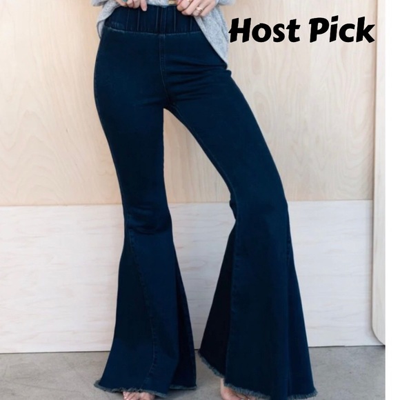 Denim - Super Flare Bell Bottom Dark Wash Pull-On Jeans Back Pockets & Raw Edge Hem (XL)